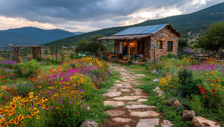 A quaint stone cabin sits nestled in a lush mountain landscape, surrounded by vibrant flowers. The image showcases warm lighting from within the cabin, contrasting with the cool hues of the twilight sky. This picturesque scene could be used for promoting travel, lifestyle, or environmental themes.の素材