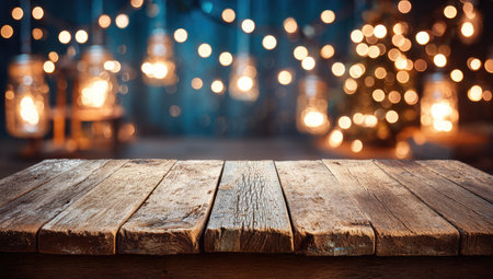 A weathered wooden table takes center stage in this image, with a soft focus background. The warm tones of the wood contrast with the blurred, glowing lights, creating a cozy atmosphere. Suitable for use in a variety of visual projects, the image has potential for commercial uses such as product displays and seasonal promotions.の素材