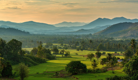 An expansive landscape displays rolling hills and distant mountains. Verdant fields in the foreground give way to a dense forest, with the layered mountain range appearing in the distance. The scene is bathed in soft, natural light, creating a sense of tranquility. Ideal for various commercial projects and editorial needs.の素材