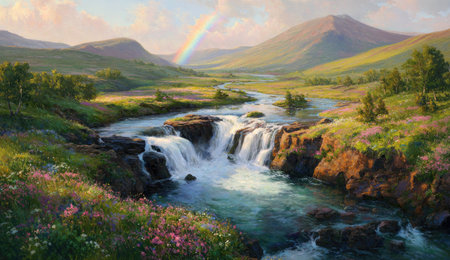 A landscape image features a cascading waterfall flowing into a river, surrounded by mountains and lush greenery. A rainbow arches across the sky. The scene is illuminated by sunlight. This image could be suitable for various commercial uses, including travel and nature-related projects.の素材