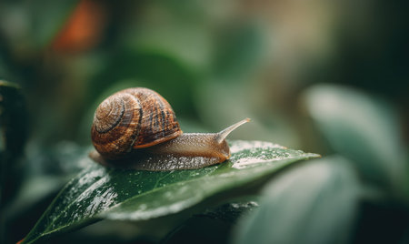 A snail rests on a green leaf in a close-up shot, revealing details of its shell and body. The image uses a shallow depth of field, with soft, natural lighting. Suitable for environmental or educational content and general illustrative uses.の素材