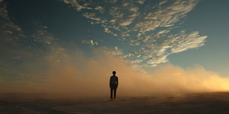 A solitary figure stands facing a wide open landscape under a dramatic sky. The scene is lit by soft, warm light filtering through clouds, creating a hazy atmosphere. The composition emphasizes the contrast between the individual and the expanse. This image could be used for conceptual or illustrative purposes.の素材