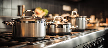 Close-up of stainless steel pots resting on a modern cooktop, emphasizing the reflective surfaces. The composition highlights the cookware with shallow depth of field. The image showcases a kitchen setting, likely indoors with natural or artificial lighting. It is suitable for use in culinary, household, or design-related content.の素材