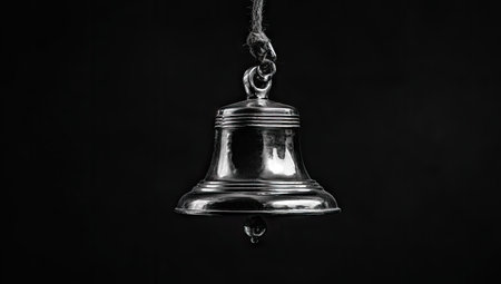 A close-up captures a polished silver bell hanging from a dark background. The bell's reflective surface contrasts sharply against the deep black, highlighting its curves and details. The composition utilizes dramatic lighting to emphasize texture. Suitable for various design projects and editorial content.の素材