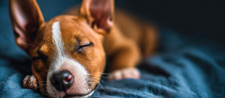 A close-up portrait showcases a resting puppy with closed eyes. The dog features brown and white fur, resting on a blue surface. The image exhibits a shallow depth of field, with soft lighting and a warm color palette. This could be suitable for various commercial uses, including advertisements.の素材
