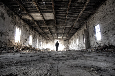 A solitary figure stands within a decaying structure, possibly an abandoned building. The image captures the weathered textures of brick and wooden beams. Natural light streams through the windows. This scene conveys a sense of isolation or exploration, suitable for visual content and editorial use.の素材