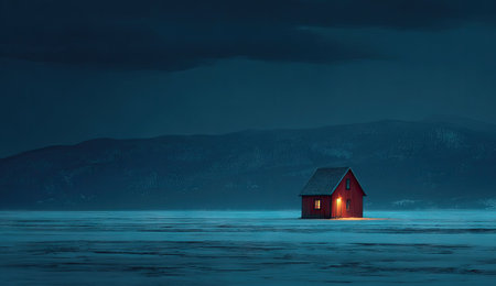 A solitary red house is the central focus, emitting warm light against a cool-toned, monochromatic landscape. The composition features a low perspective, a vast expanse, and distant mountains under a dramatic, overcast sky. This image evokes feelings of solitude and could be suitable for various commercial or artistic purposes.の素材
