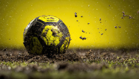 A soccer ball sits amidst mud, with water droplets suspended mid-air against a vibrant yellow backdrop. The image displays a close-up perspective, highlighting textures of the ball and surrounding debris. Suitable for commercial projects focusing on sports, outdoor activities, or concepts related to challenge and competition.の素材