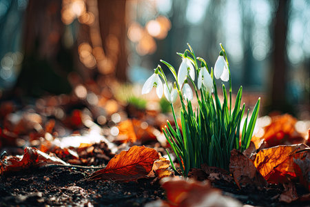 A close-up captures delicate snowdrop flowers emerging amongst fallen autumn leaves. The scene displays various shades of brown and green, highlighting natural textures. Soft sunlight creates a warm atmosphere, suggesting an outdoor environment. This image is suitable for various commercial uses, including editorial and decorative purposes.の素材