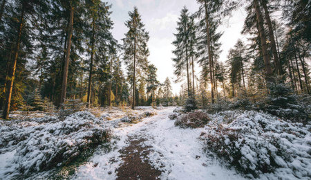 A snow-covered path winds through a dense forest of tall evergreen trees. The scene is illuminated by soft sunlight filtering through the branches, creating a serene atmosphere. The composition features a natural outdoor setting, suitable for illustrating articles or advertisements related to nature or travel.の素材