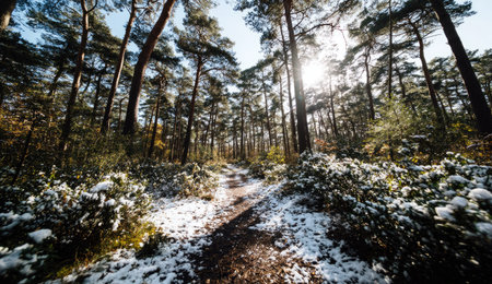 A forest path winds through snow-covered vegetation. The image showcases tall trees, with bright sunlight filtering through the canopy. The composition features a natural outdoor environment, suitable for illustrating concepts of nature, travel, or seasonal changes. This image could be used for various commercial or editorial purposes.の素材