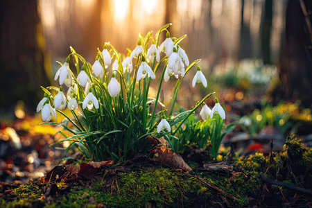 A close-up captures delicate snowdrop flowers in full bloom. The composition highlights white bell-shaped blossoms set against a blurred background. The scene is illuminated by warm sunlight, suggesting a forest setting during daytime. Suitable for various commercial uses, this image evokes a sense of freshness and natural beauty.の素材