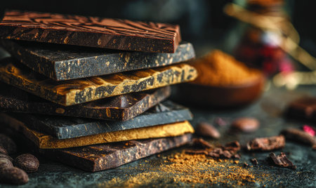 Close-up captures stacked chocolate bars in various shades of brown, with visible textures. Cocoa powder is scattered nearby, and some beans are visible. The lighting is soft, suggesting an indoor setting. This image is suitable for food-related projects or culinary advertisements.の素材