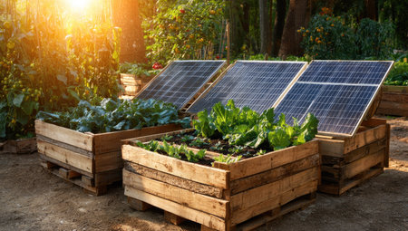 Vegetable beds with lush green plants are positioned beneath solar panels in this outdoor scene. The composition is lit by sunlight, creating a bright and warm atmosphere. This image might be suitable for projects about sustainable living, renewable energy, or environmental awareness.の素材