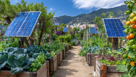 This image showcases solar panels integrated into a flourishing garden environment. The composition features diverse plant life, wooden raised beds, and clear blue panels. The scene is bathed in natural daylight, with a background of mountains. It is suitable for projects related to sustainability, renewable energy, and eco-friendly living, with potential use in editorial or advertising.の素材
