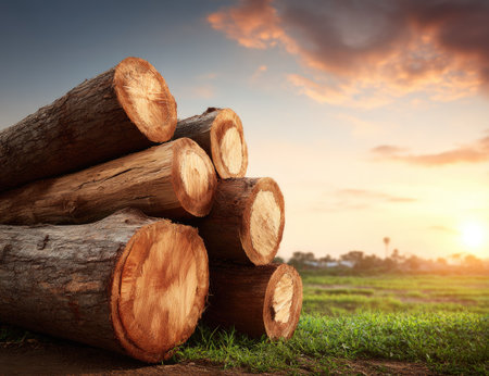 A pile of freshly cut logs rests on green grass under a warm, colorful sky. The composition emphasizes the texture of the wood and the natural outdoor setting. The image could be used for illustrations related to forestry, sustainable resources, or environmental conservation efforts, ideal for various commercial projects.の素材