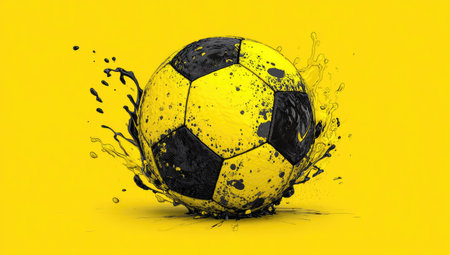 A soccer ball is the central subject in this digital artwork, presented against a vibrant yellow background. The ball features a classic black and yellow design, highlighted with a splash effect. The composition suggests motion and energy, suitable for sports-related and promotional uses.の素材