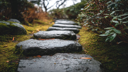 A stone pathway winds through a lush garden setting. The scene features a series of dark, weathered stones laid among green moss and various plants. The composition uses a shallow depth of field, enhancing the natural textures and the soft ambient lighting. Suitable for editorial and commercial projects.の素材