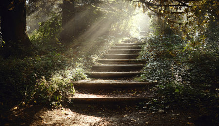A wooden staircase ascends into a sunlit opening within a forest setting. The scene features lush green foliage and the interplay of light and shadow, with sunbeams streaming through the trees. The image conveys a sense of tranquility and can be used for various editorial and commercial purposes.の素材