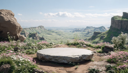 A stone pedestal sits prominently in a scenic outdoor environment. The image showcases a natural composition with a vast mountain range under a bright sky. It employs a focus on textures and natural colors. Suitable for product displays or creative backgrounds.の素材
