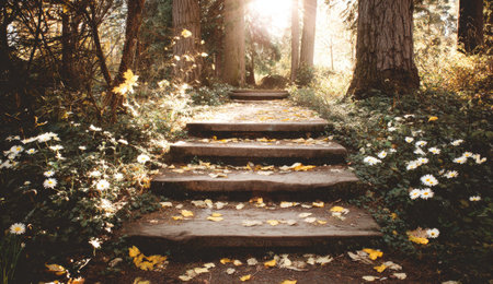 An inviting scene features stone steps winding through a lush forest, illuminated by bright sunlight. The composition highlights a pathway flanked by trees and wildflowers. Warm tones and natural textures define the aesthetic. This image is suitable for various commercial uses, including website design and editorial content.の素材