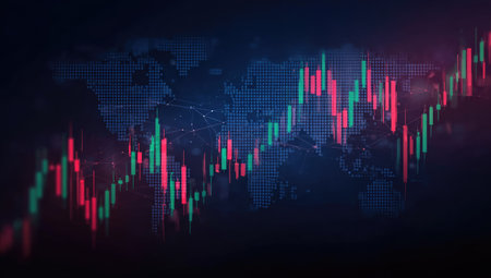 This image features a stock market graph with vibrant red and green lines indicating financial trends. The composition includes a blurred world map in the background, set against a dark, dramatic backdrop. The visual style suggests concepts related to business, finance, and investment. It's suitable for various commercial uses, including presentations or editorial content.の素材