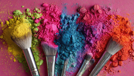 Makeup brushes rest amidst piles of vivid powder pigments in various colors. The image displays a bright composition, showcasing a mix of textures and hues. The overhead lighting highlights the colors. This image could be suitable for cosmetic advertising, beauty articles, or design projects.の素材