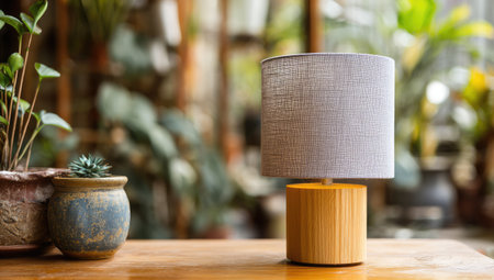 A modern lamp sits on a wooden table, featuring a cylindrical wooden base and gray lampshade. Various potted plants are arranged nearby, with a blurred backdrop of foliage. The lighting suggests a daytime setting. Suitable for commercial projects, this image offers copy space for diverse applications.の素材
