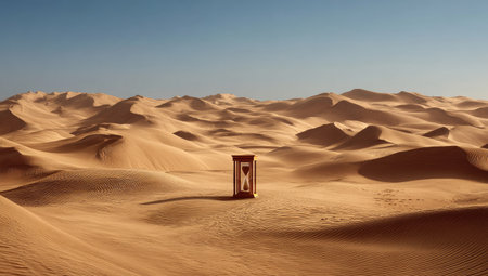An hourglass stands in a expansive desert with rolling sand dunes. The image features a bright, clear sky and warm sunlight casting shadows on the textured sand. The style is realistic, highlighting the details of the sand and the hourglass. This image can be used for various commercial or editorial purposes.の素材