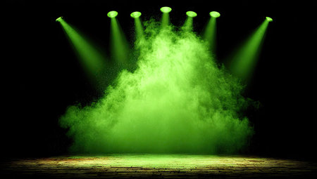 This image features a stage illuminated by several green spotlights. The smoke effect fills the scene, creating a dramatic visual impact. The composition is set against a dark backdrop, highlighting the vibrant green hues and textures. Suitable for various creative projects, including presentations and advertising.の素材