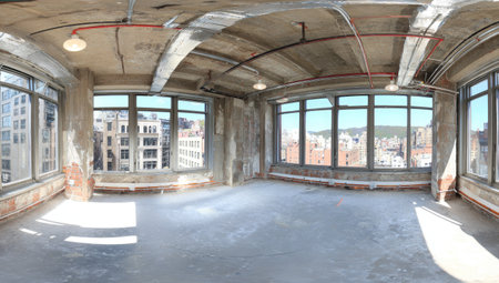 An empty interior space is bathed in sunlight streaming through expansive windows. The room features a raw, industrial aesthetic with concrete walls and exposed pipes. The composition offers a panoramic view of an urban environment. Suitable for architectural renderings, conceptual backdrops, or versatile design projects.の素材