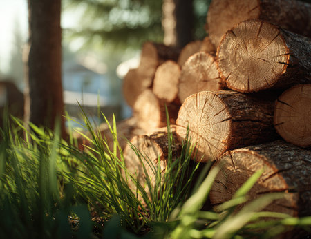 This image features a pile of stacked firewood logs, the rough texture contrasting with the foreground's bright green grass. The composition uses natural light, creating a warm, inviting atmosphere. This photograph could be useful for illustrating themes related to nature, fuel resources, or outdoor living and design.の素材