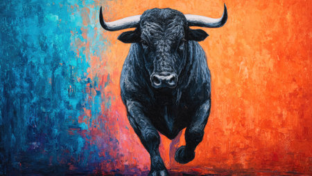 A dark bull is depicted in motion against a vivid abstract background with complementary colors. The artwork showcases a dynamic composition, with a focus on strength and energy. The use of color creates contrast and depth, suggesting a sense of action. Suitable for artistic prints, commercial designs, and illustrative purposes.の素材