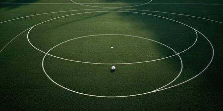 A soccer ball rests on a green artificial turf field. White lines create curved shapes. The composition features a high-angle perspective and a sense of depth. This image is suitable for various commercial uses, including sports-related content and design projects.の素材