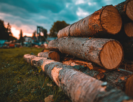 A pile of freshly cut logs rests on green grass under a partly cloudy sky. The wood displays rough textures with visible bark and growth rings. The composition uses a shallow depth of field, focusing on the foreground logs. Potential uses include illustrations of forestry, timber, or construction topics.の素材