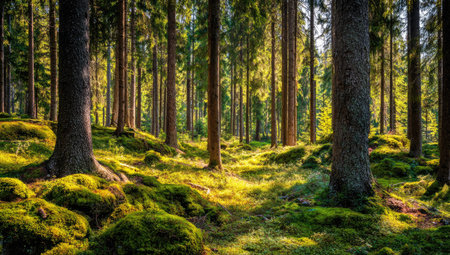 A dense forest interior is displayed with tall trees and vibrant green moss covering the ground. Sunlight filters through the canopy, illuminating the scene. The image showcases a natural environment with a dynamic composition. Suitable for various editorial or commercial applications.の素材