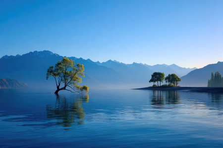 A serene landscape features a calm lake reflecting a clear blue sky and distant mountain range. A single tree stands prominently in the water, with other trees visible on a small island. The scene is bathed in soft, diffused lighting, suggesting a peaceful environment suitable for various visual projects.の素材
