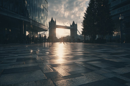 The image captures a bridge silhouette during sunset with a dramatic sky. The scene shows reflections on a wet surface with buildings and trees nearby. This composition utilizes low-angle perspective, creating a striking visual, and has potential uses for commercial and artistic purposes.の素材