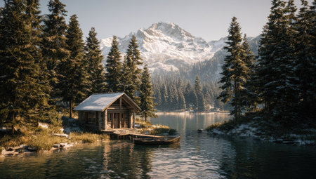 A rustic cabin sits peacefully on a lake, surrounded by evergreen trees and a snow-covered mountain range. The scene features soft lighting, cool tones, and a serene atmosphere. The image is likely suitable for editorial content, travel publications, or promotional materials related to nature and leisure.の素材