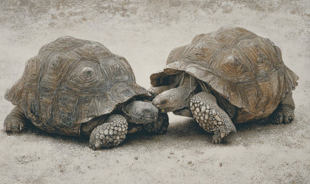 Two large tortoises are seen interacting, their textured shells prominently displayed. The image utilizes a muted color palette, highlighting the animals' details against a soft, neutral background. Suitable for various projects, it can be used to represent wildlife, conservation, or educational resources. It may also serve commercial and editorial purposes.の素材
