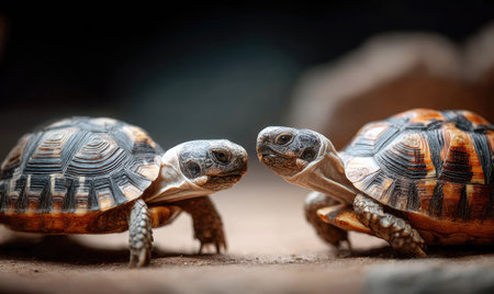 Two turtles are the primary subjects in this image. They are positioned face to face, with visible shell patterns and textures. The composition features a shallow depth of field, with a blurred background. This visual could be used in various commercial projects, including educational materials and nature-related content.の素材