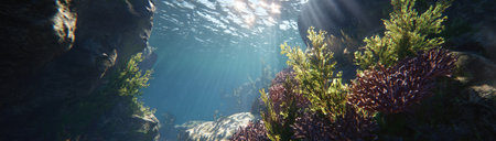 An underwater scene depicts sunlight filtering through the water's surface, illuminating marine plants. The composition features diverse shades of blue, green and brown, highlighting the textures of the water and aquatic vegetation. Suitable for conceptual illustrations, educational materials, or environmental themes.の素材