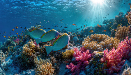 An underwater scene showcases vibrant coral formations in a bright ocean environment. Various fish swim amidst the colorful coral with sunlight piercing through the water. The composition is well-lit, providing visual clarity of the diverse marine life. This image could be used for educational, advertising or creative projects.の素材