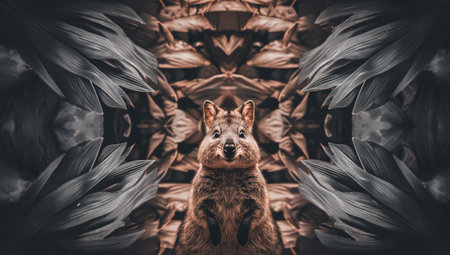 This symmetrical artwork showcases a small mammal centered against a textured background. The image uses muted tones and soft lighting, creating a balanced and visually interesting composition. This image could be used for various commercial projects and editorial purposes. The environment appears to be an artistic, studio setting.の素材