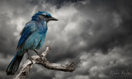 A stunning visual of a vivid blue bird perched upon a weathered branch, set against a backdrop of dark, swirling clouds. The composition features high contrast with dramatic lighting, emphasizing the bird's striking plumage and texture. Suitable for various editorial and commercial applications, this image offers a sense of wonder and visual appeal.の素材