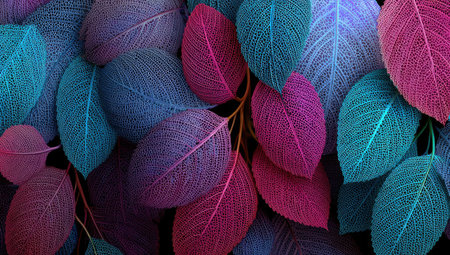 An artistic composition features a collection of colorful leaves. Displaying a close-up view, the image showcases a variety of hues, including blue, purple, and red. The textures and lighting contribute to a visually engaging scene. Suitable for a range of creative projects, this image can be used for design purposes.の素材