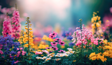 A field of colorful flowers is captured with a soft focus and an overhead lighting effect. The flowers exhibit a wide range of hues, including pink, yellow, and purple. The composition is bright and suggests a natural outdoor setting, potentially useful for various commercial and editorial projects.の素材