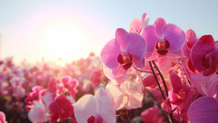 A field of blooming pink orchids is illuminated by bright sunlight against a soft, cloudless blue sky. The composition showcases the delicate petals and rich hues of the flowers, and suggests a warm, natural environment. The image may be suitable for illustrating topics related to botany, beauty, or decorative purposes.の素材
