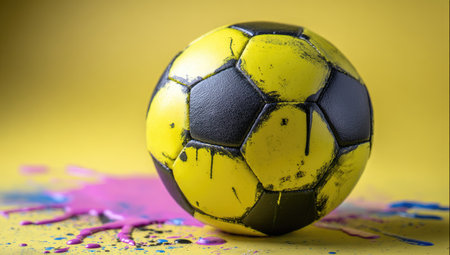 A close-up captures a soccer ball with a unique design, set against a bright yellow backdrop. The ball displays a mix of yellow and black colors, with scattered paint adding an artistic element. The image highlights the ball's texture and overall visual appeal, suitable for various uses.の素材