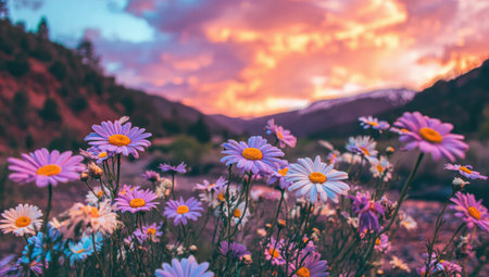 A field of colorful wildflowers is in full bloom under a stunning sunset sky. The scene features a variety of purple, pink, and white flowers set against a backdrop of mountains and a fiery sky. The image has a soft, romantic feel and can be used for various projects.の素材